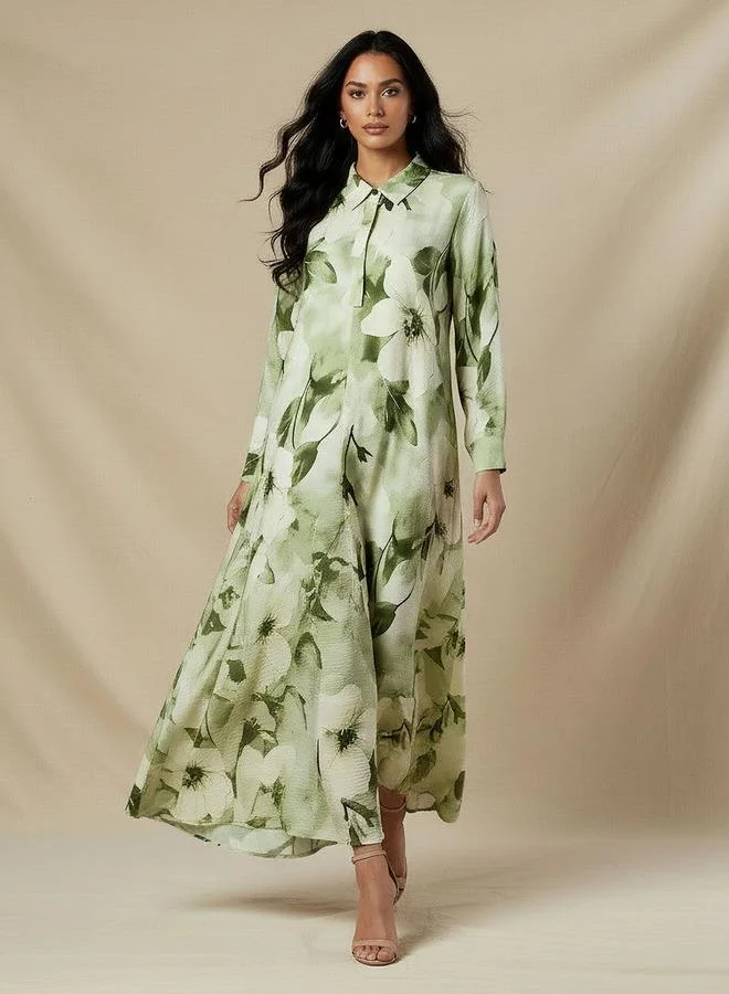 ايكونيك Iconic Trapeze Midi Dress with Floral Print
